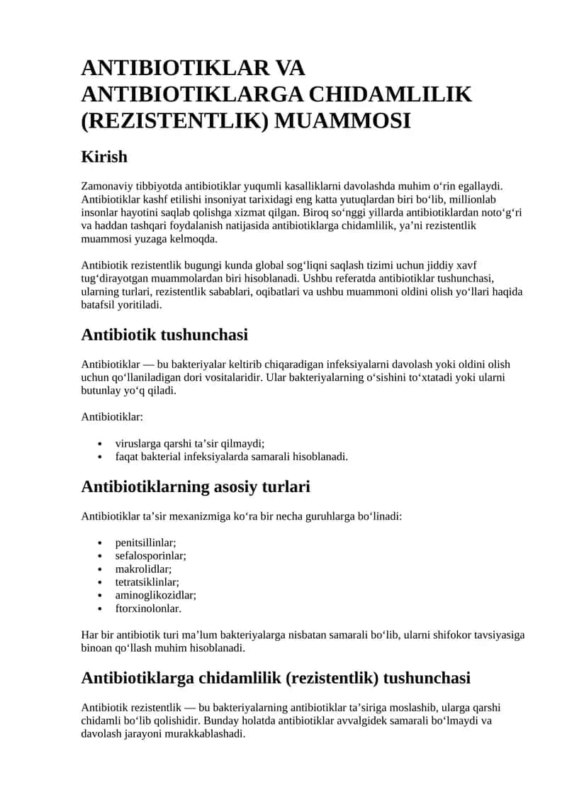 Antibiotiklar va Antibiotiklarga Chidamlilik (Rezistentlik) Muammosi