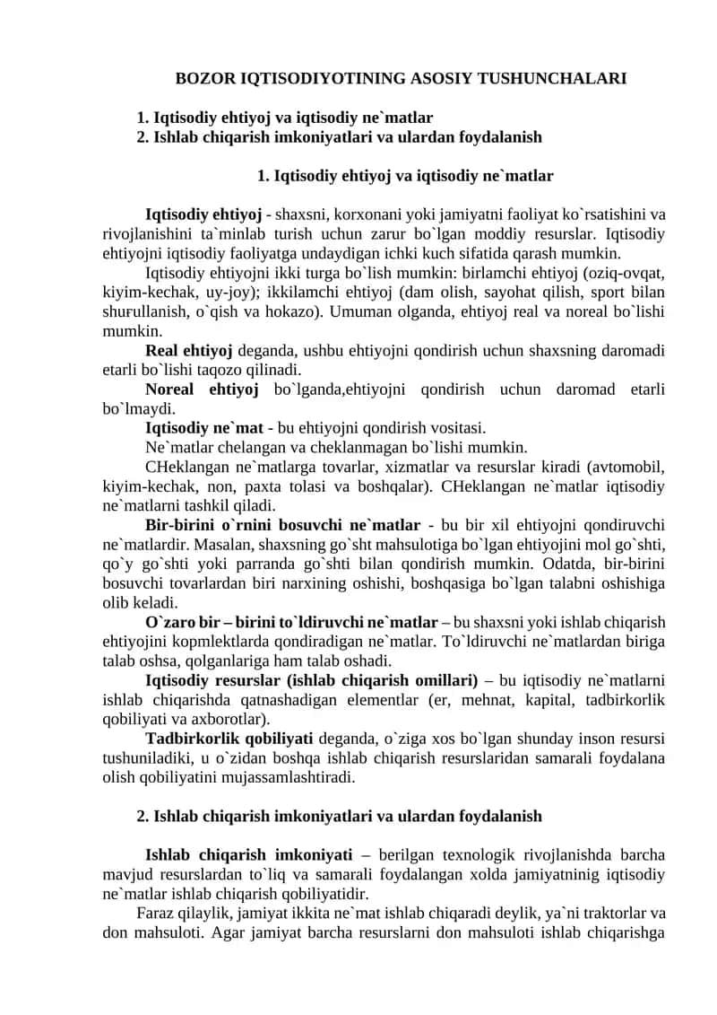 BOZOR IQTISODIYOTINING ASOSIY TUSHUNCHALARI