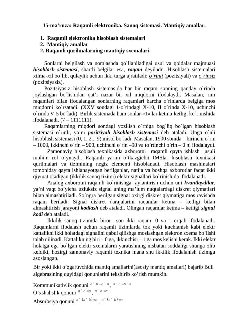 Raqamli elektronika. Sanoq sistemasi. Mantiqiy amallar.