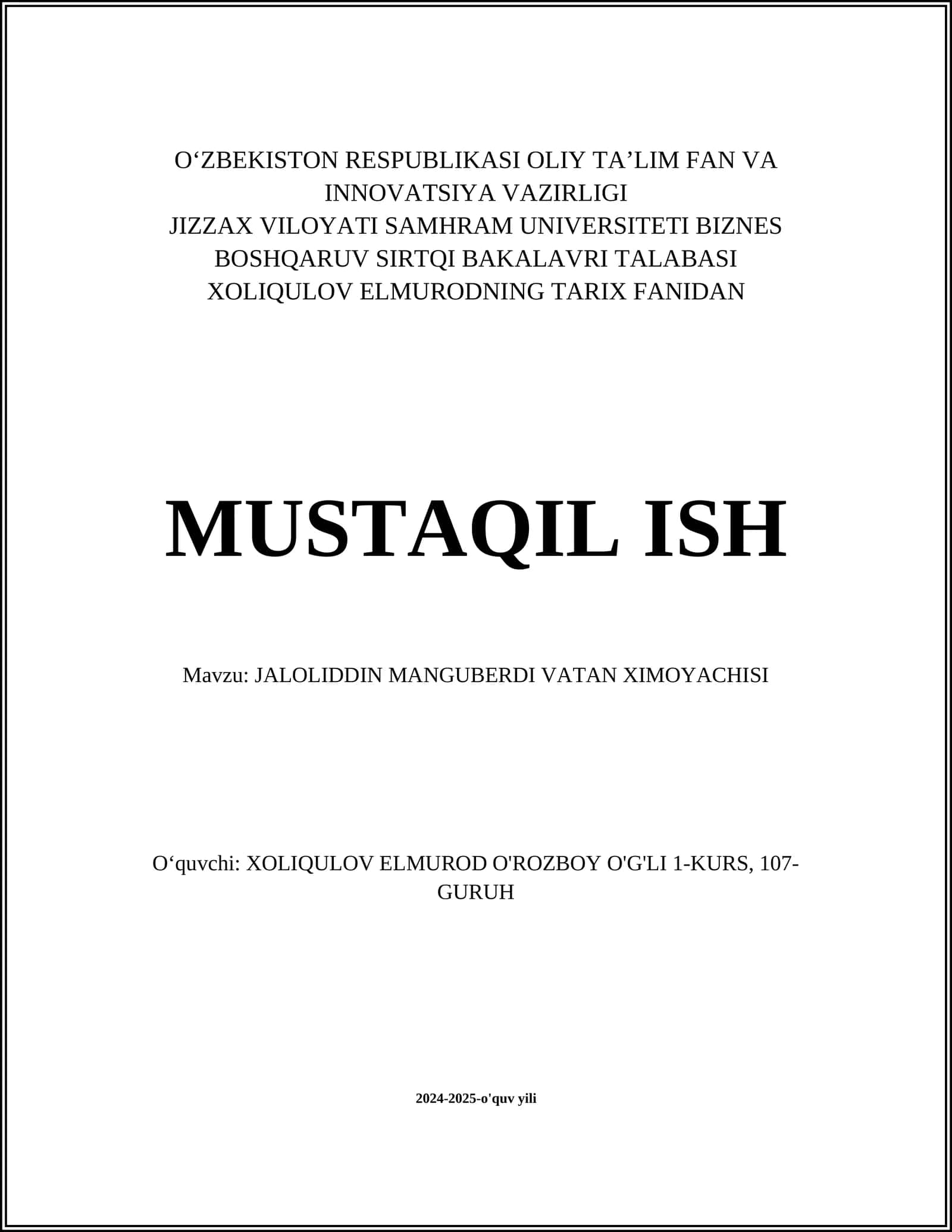 JALOLIDDIN MANGUBERDI VATAN XIMOYACHISI