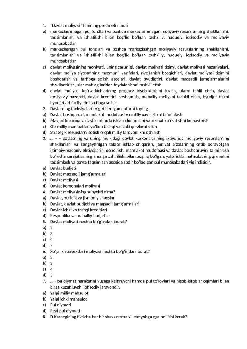 Test davlat moliyasi 100 ta