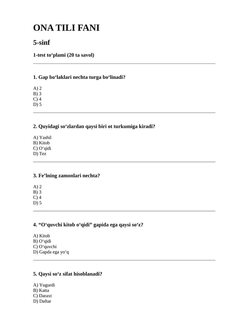 ONA TILI FANI 5-sinf 1-test to‘plami