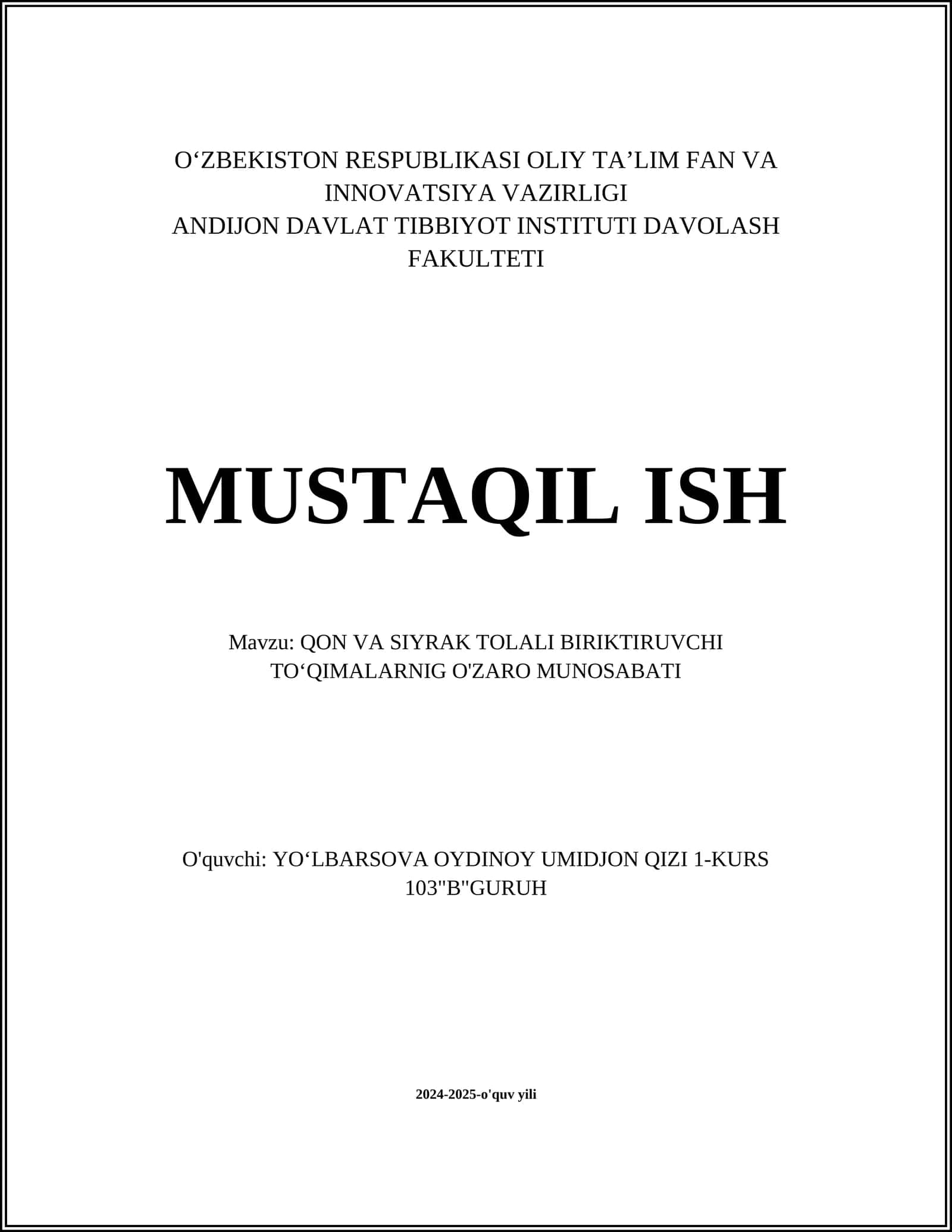 Qon va Siyrak Tolali Biriktiruvchi To‘qimalarnig O'zaro Munosabati