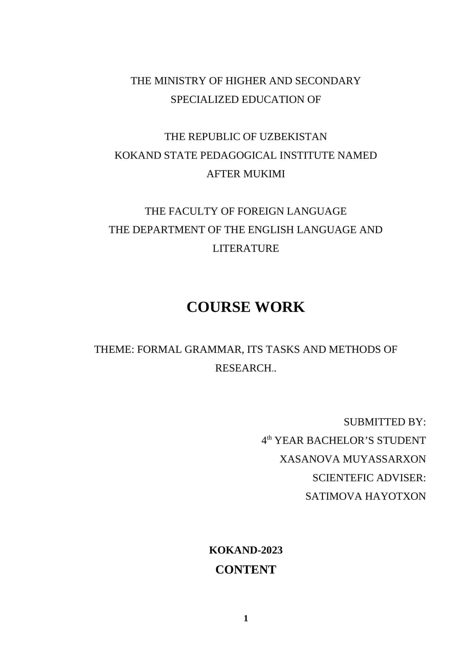 FORMAL GRAMMAR, ITS TASKS AND METHODS OF RESEARCH