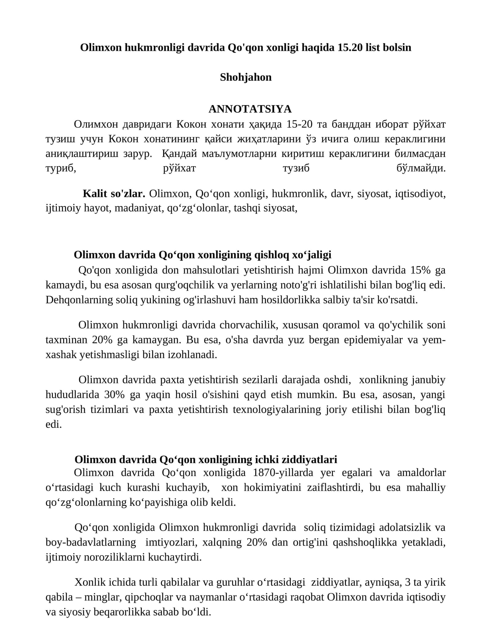 Olimxon hukmronligi davrida Qo'qon xonligi haqida 15.20 list bolsin
