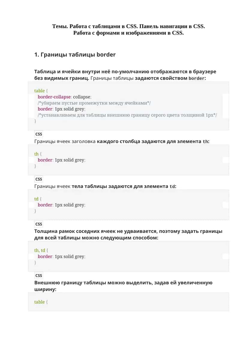 Работа с таблицами в CSS. Панель навигации в CSS. Работа с формами и изображениями в CSS