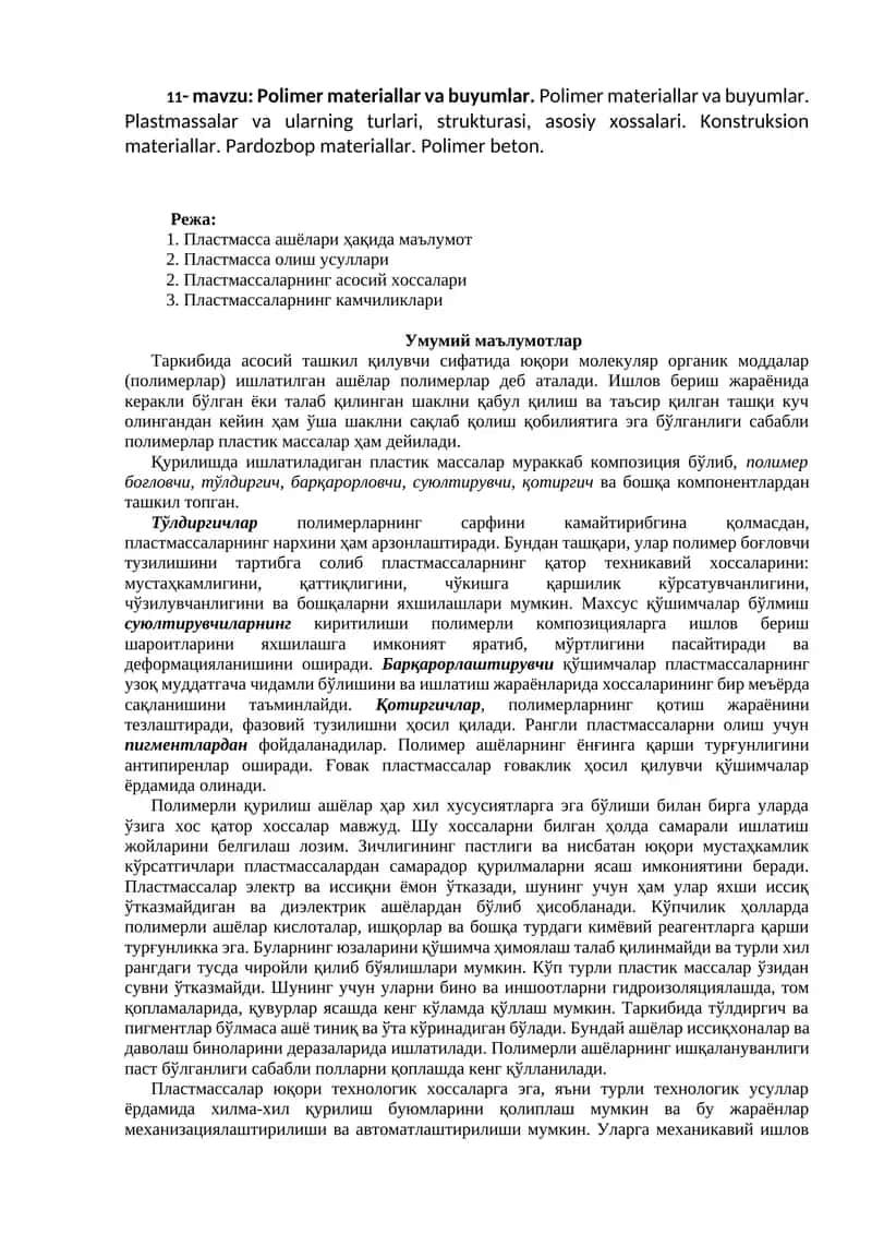Polimer materiallar va buyumlar