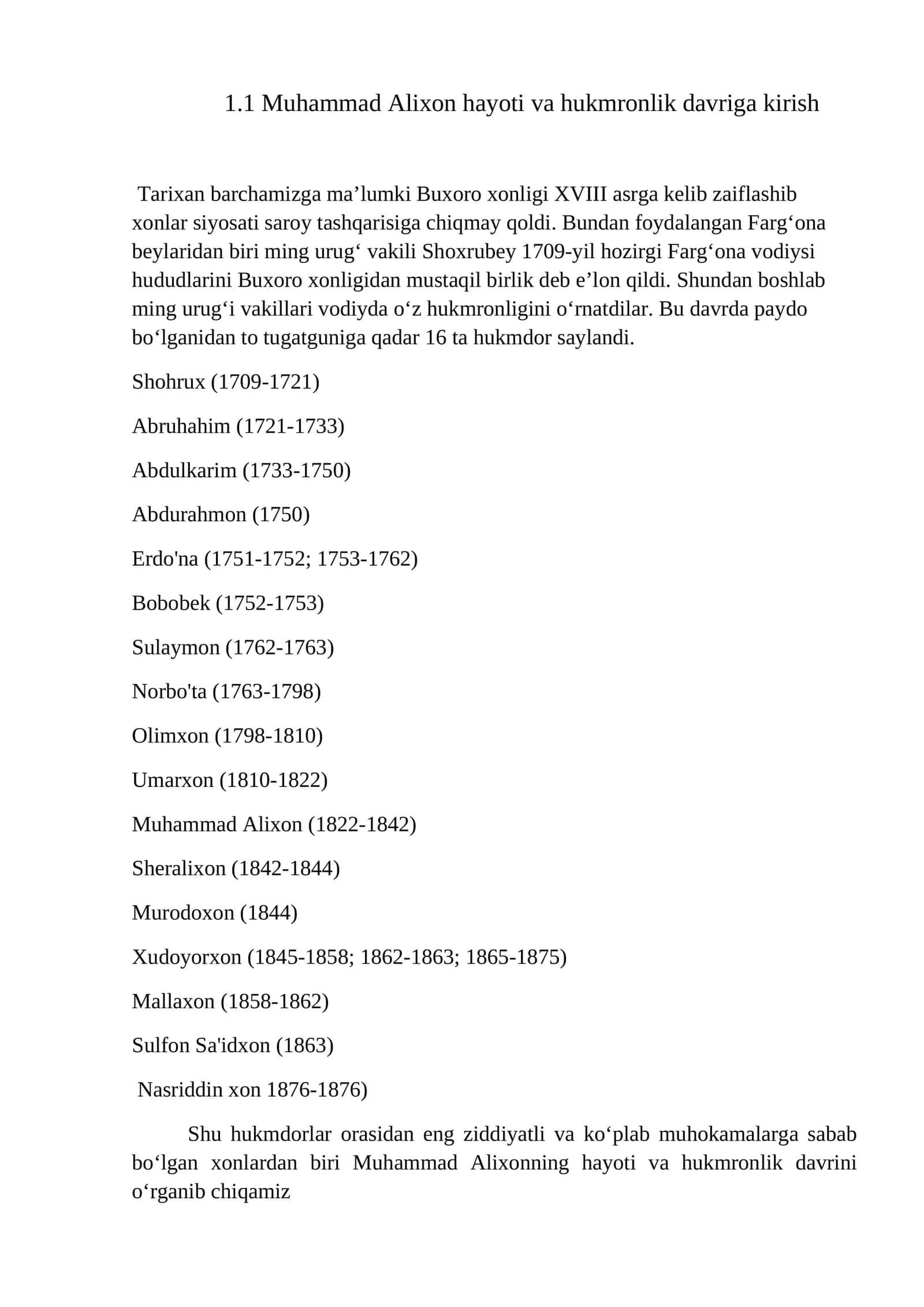 Muhammad Alixon hayoti va hukmronlik davriga kirish