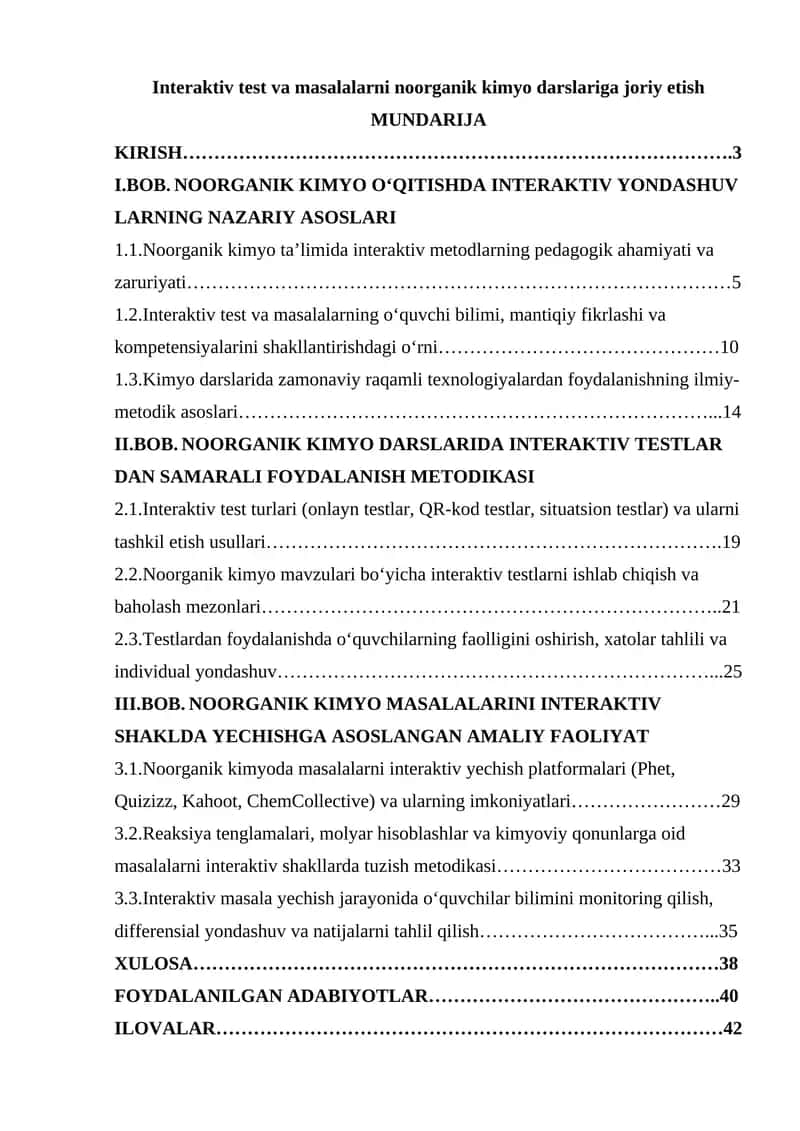 Noorganik Kimyo Darslarida Interaktiv Testlar