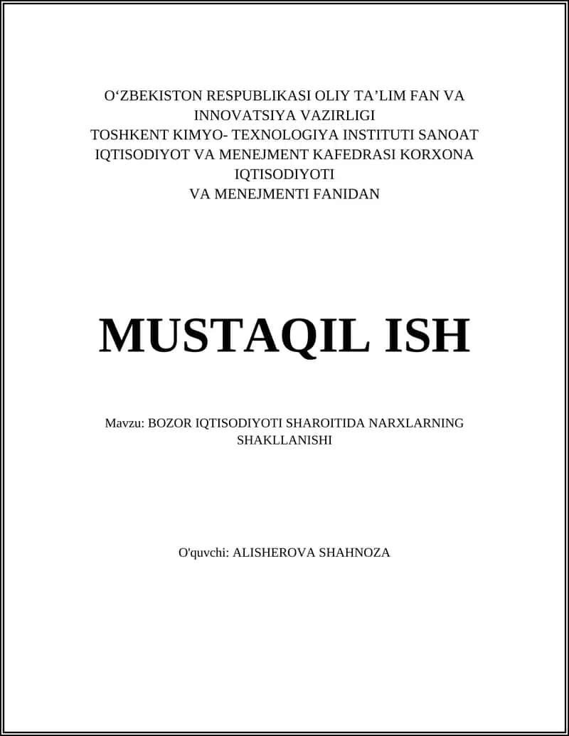 BOZOR IQTISODIYOTI SHAROITIDA NARXLARNING SHAKLLANISHI