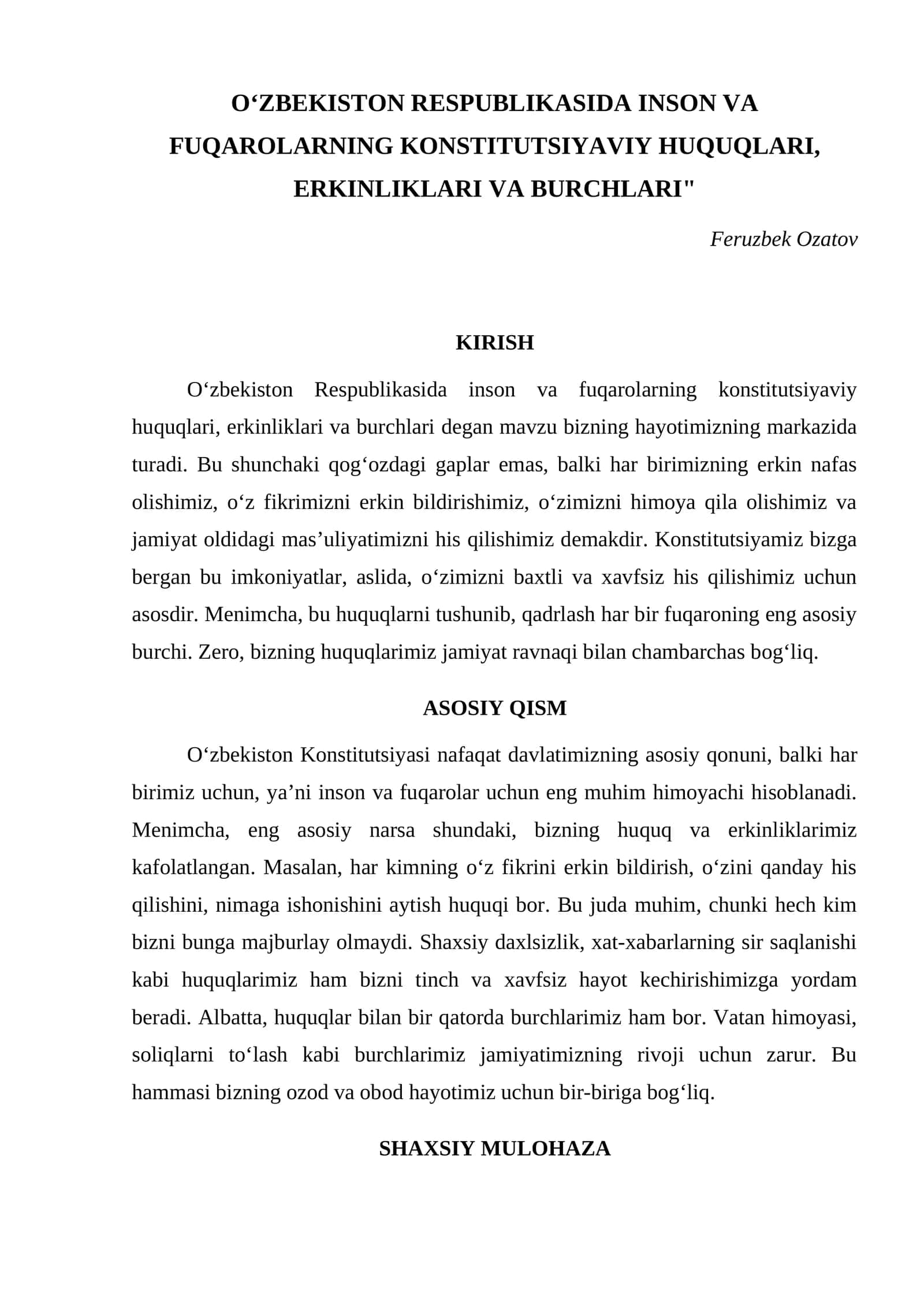 O‘ZBEKISTON RESPUBLIKASIDA INSON VA FUQAROLARNING KONSTITUTSIYAVIY HUQUQLARI, ERKINLIKLARI VA BURCHLARI