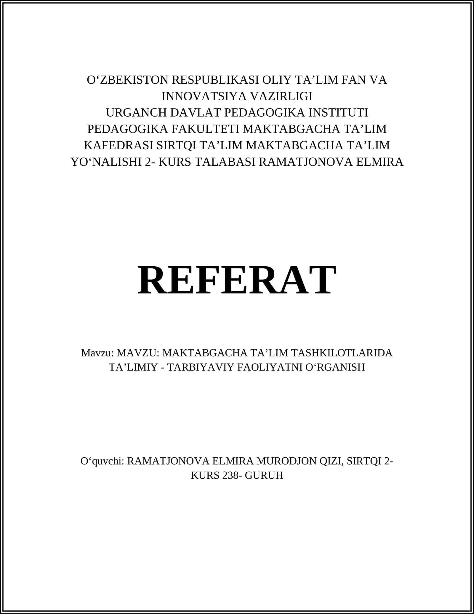 Maktabgacha ta'limdagi ta'limiy faoliyat