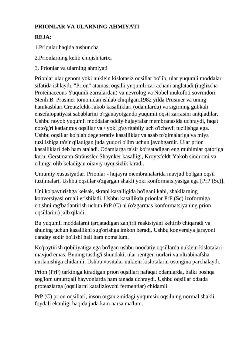 PRIONLAR VA ULARNING AHMIYATI