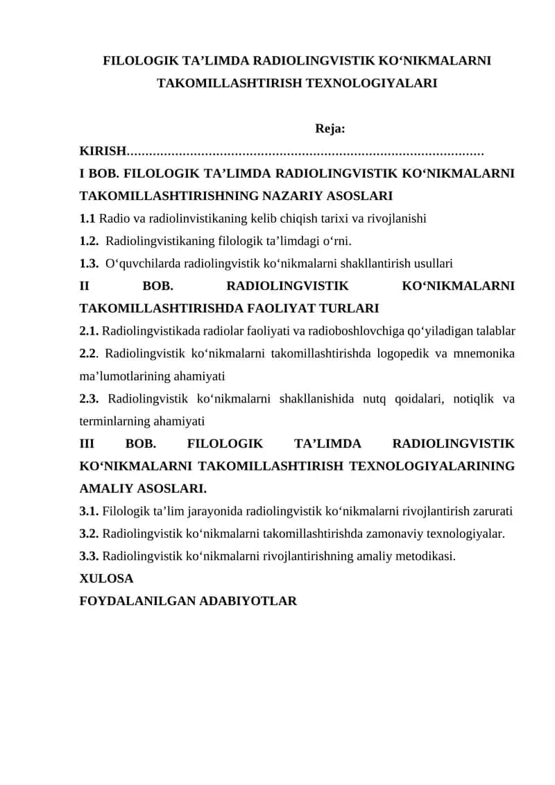 FILOLOGIK TAʼLIMDA RADIOLINGVISTIK KOʻNIKMALARNI TAKOMILLASHTIRISH TEXNOLOGIYALARI