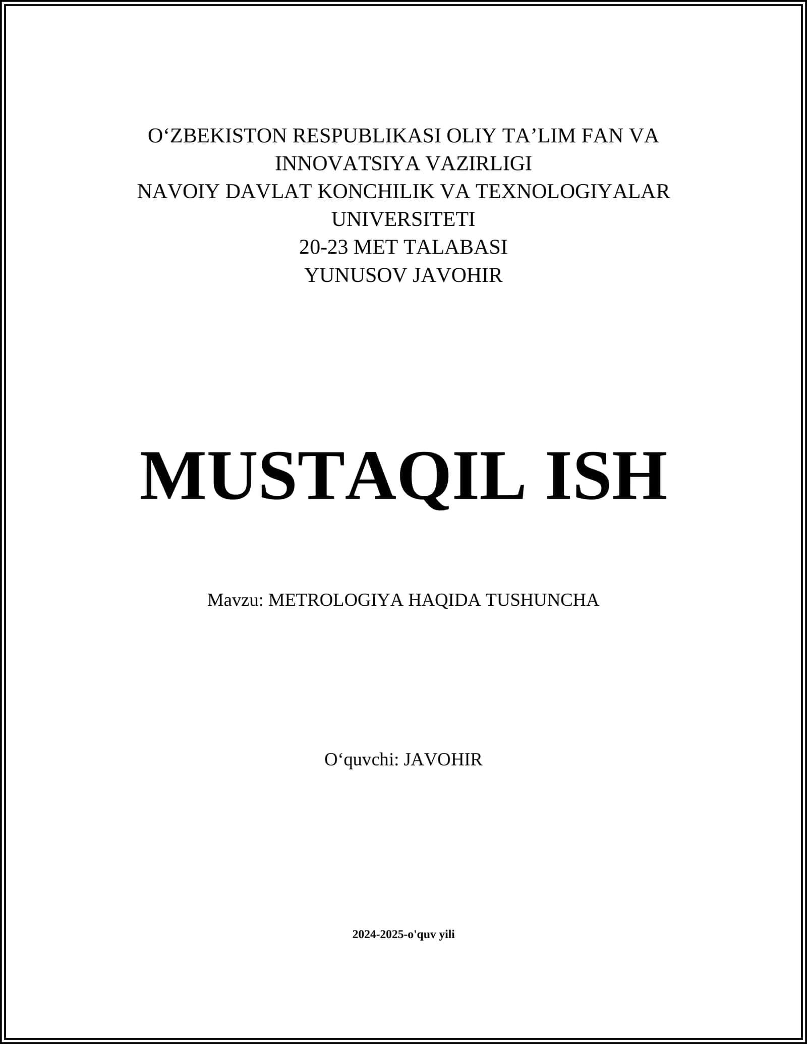 METROLOGIYA HAQIDA TUSHUNCHA