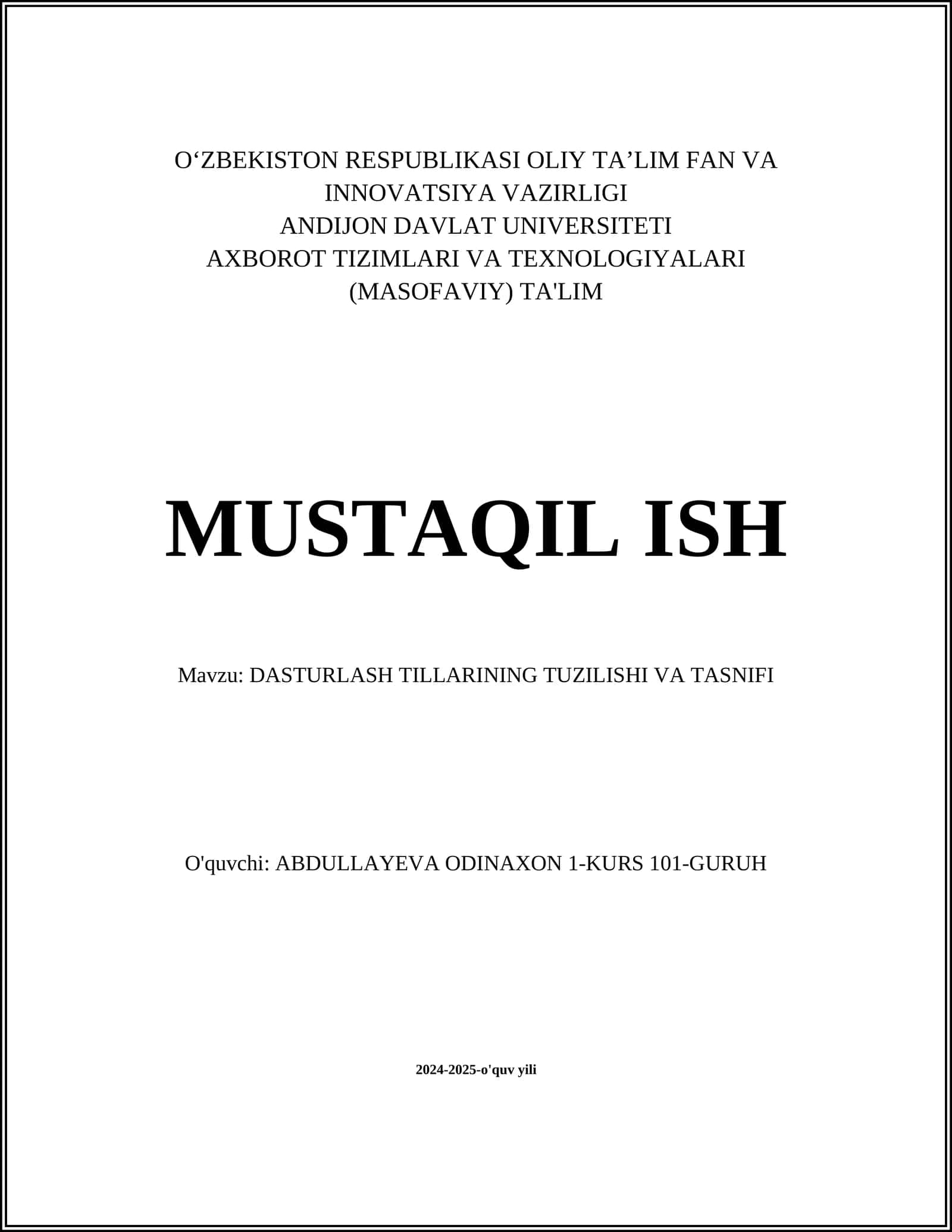 DASTURLASH TILLARINING TUZILISHI VA TASNIFI