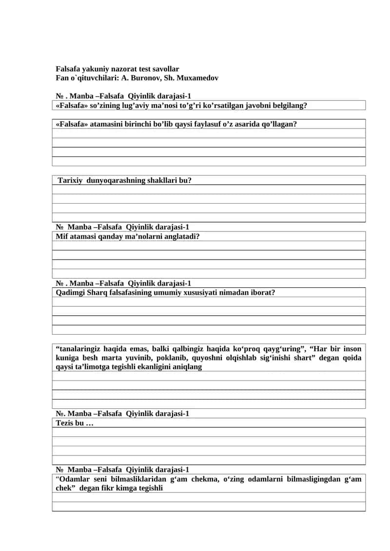 Falsafa yakuniy nazorat test savollar