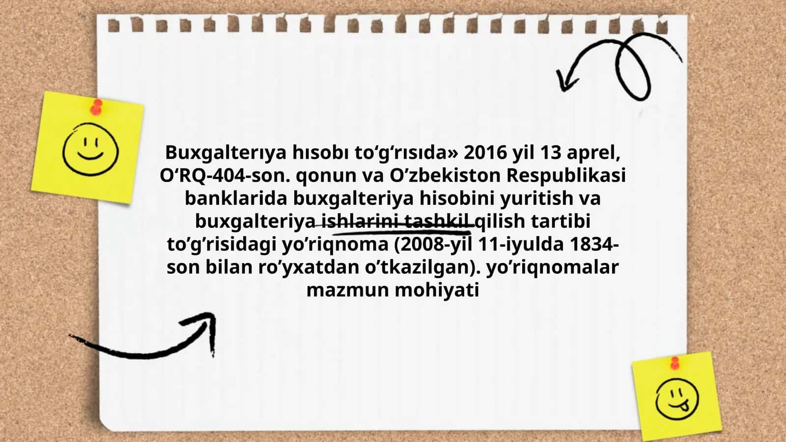 Buxgalterıya hısobı to‘g‘rısıda» 2016 yil 13 aprel, O‘RQ-404-son. qonun va O’zbekiston Respublikasi banklarida buxgalteriya hisobini yuritish va buxgalteriya ishlarini tashkil qilish tartibi to’g’risidagi yo’riqnoma (2008-yil 11-iyulda 1834-son bilan ro’yxatdan o’tkazilgan). yo’riqnomalar mazmun mohiyati