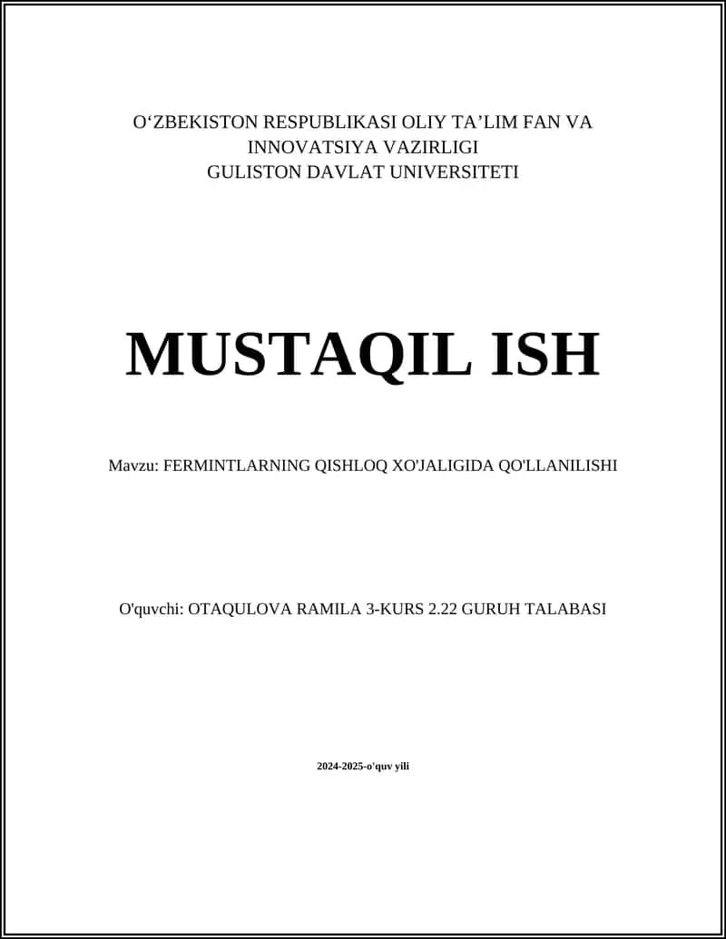FERMINTLARNING QISHLOQ XO'JALIGIDA QO'LLANILISHI