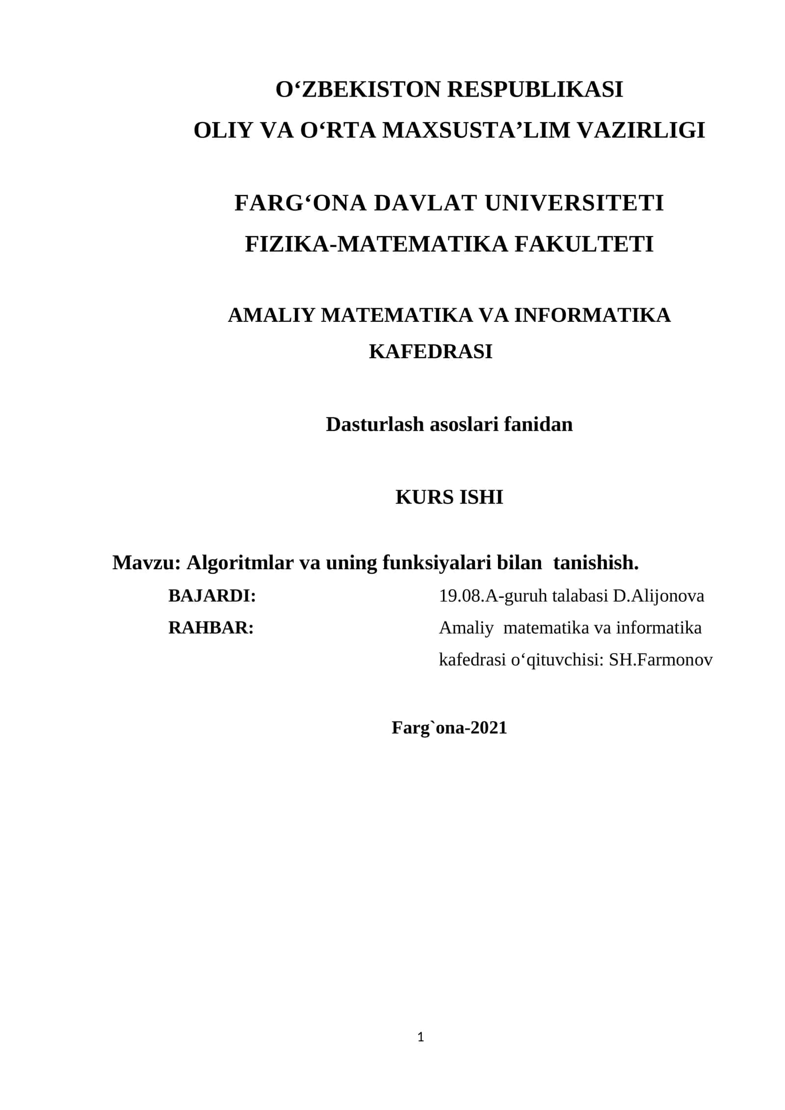 Mavzu: Algoritmlar va uning funksiyalari bilan tanishish