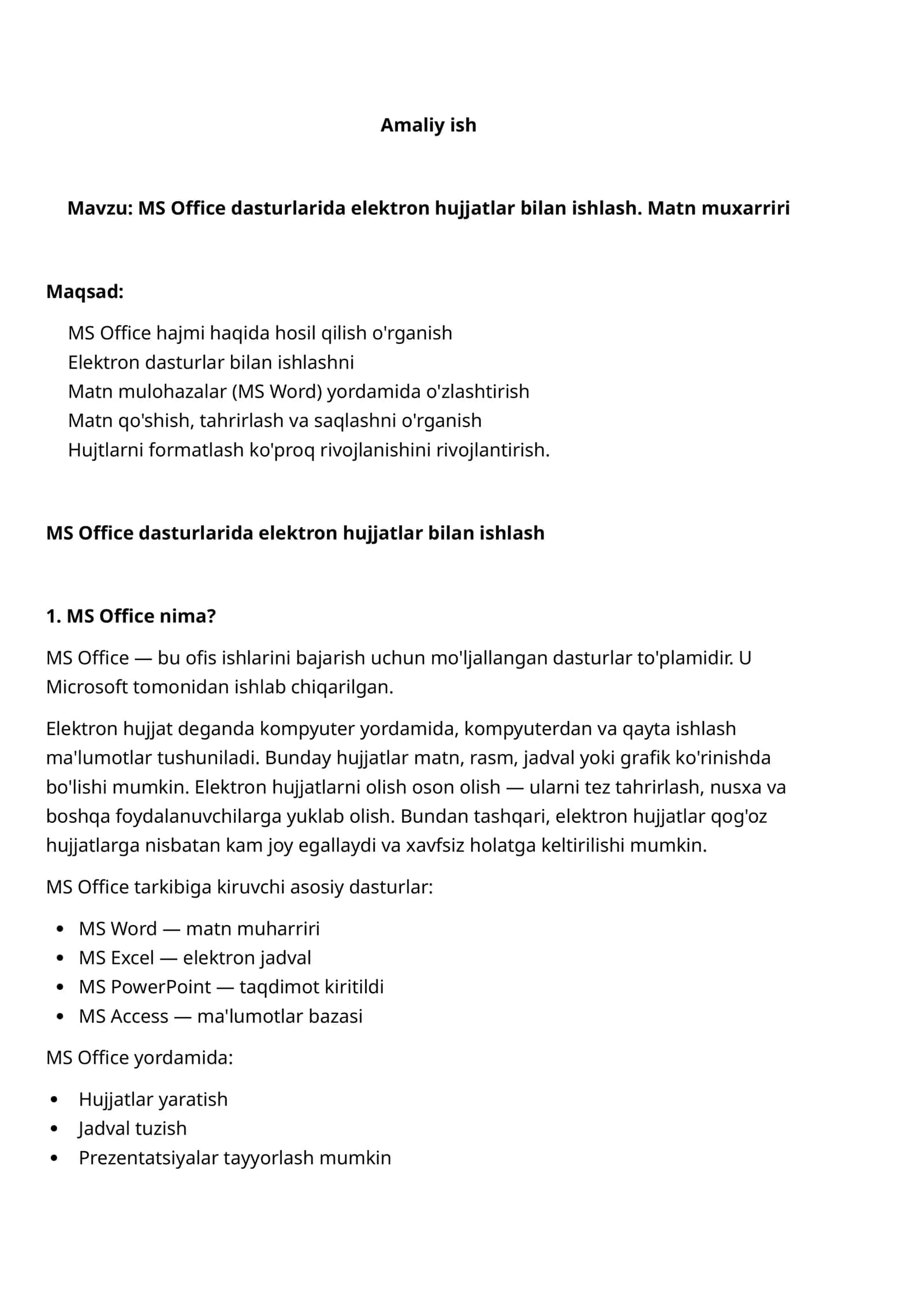 MS Office dasturlarida elektron hujjatlar bilan ishlash. Matn muxarriri
