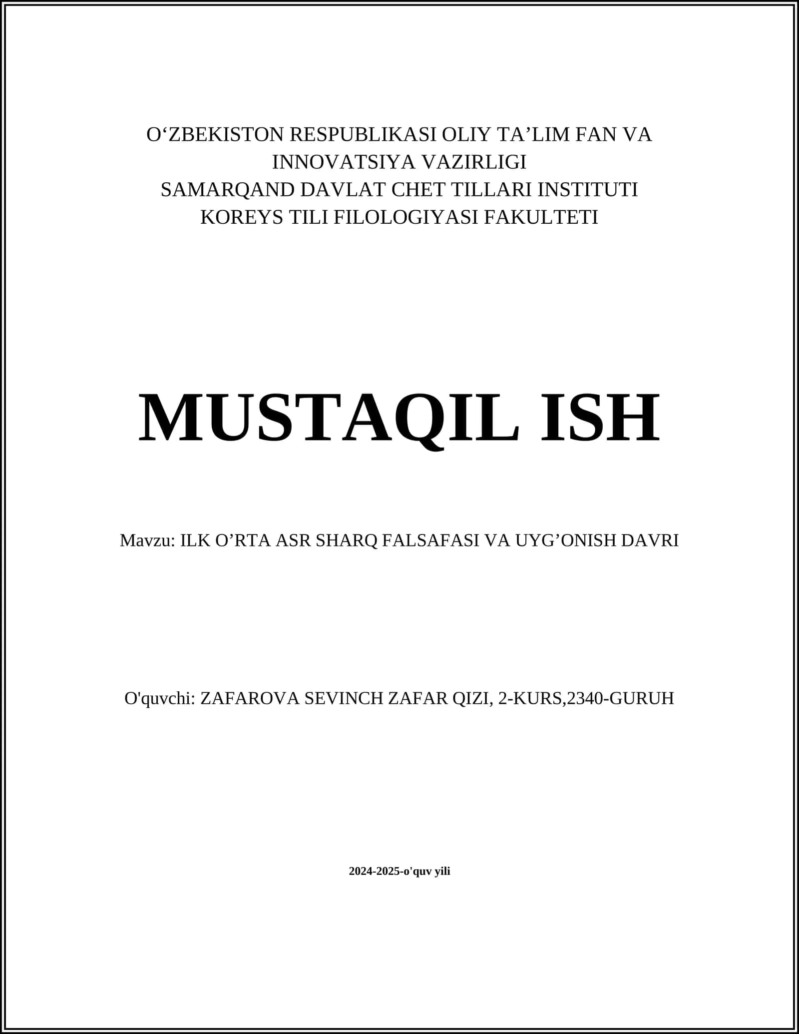 ILK O’RTA ASR SHARQ FALSAFASI VA UYG’ONISH DAVRI