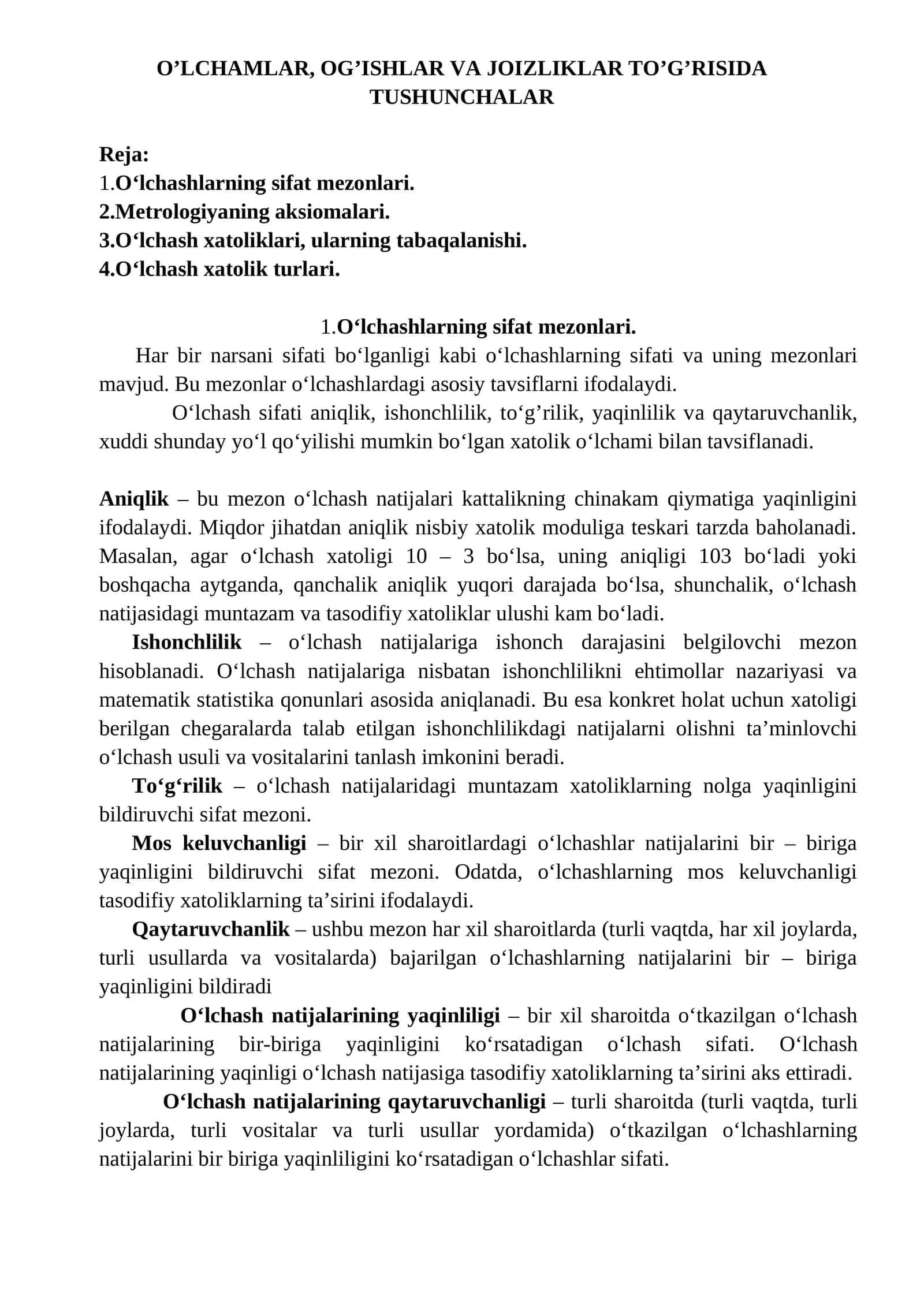 O‘LCHAMLAR, OG’ISHLAR VA JOIZLIKLAR TO’G’RISIDA TUSHUNCHALAR