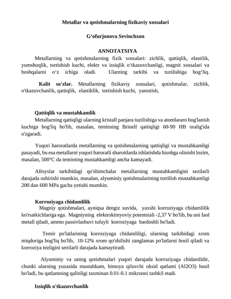 Metallar va qotishmalarning fizikaviy xossalari