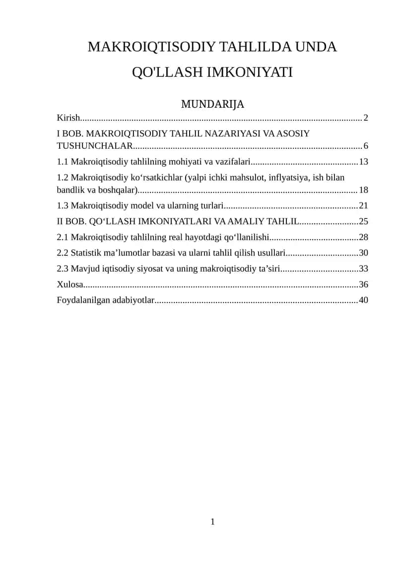 MAKROIQTISODIY TAHLILDA UNDA QO'LLASH IMKONIYATI