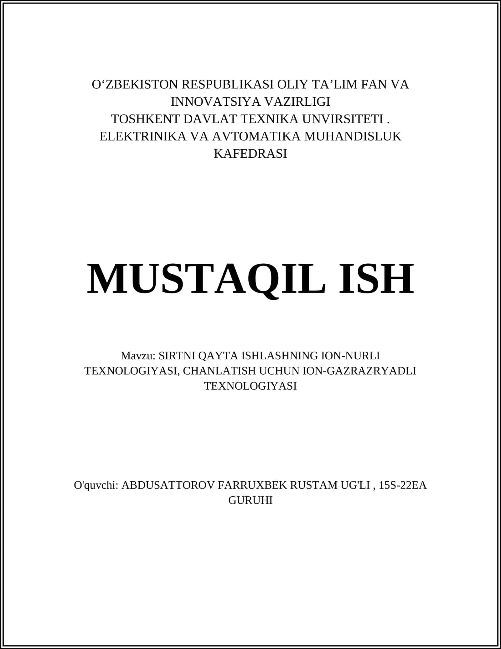 SIRTNI QAYTA ISHLASHNING ION-NURLI TEXNOLOGIYASI