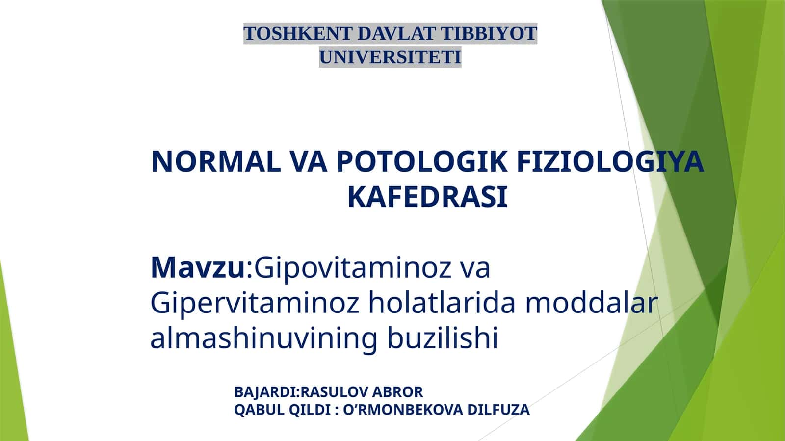 Gipovitaminoz va Gipervitaminoz Holatlarida Moddalar Almashinuvining Buzilishi