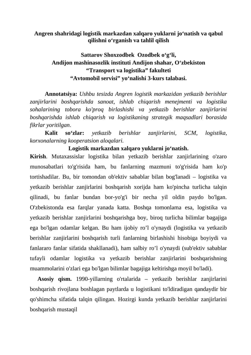 Angren shahridagi logistik markazdan xalqaro yuklarni jo‘natish va qabul qilishni o‘rganish va tahlil qilish