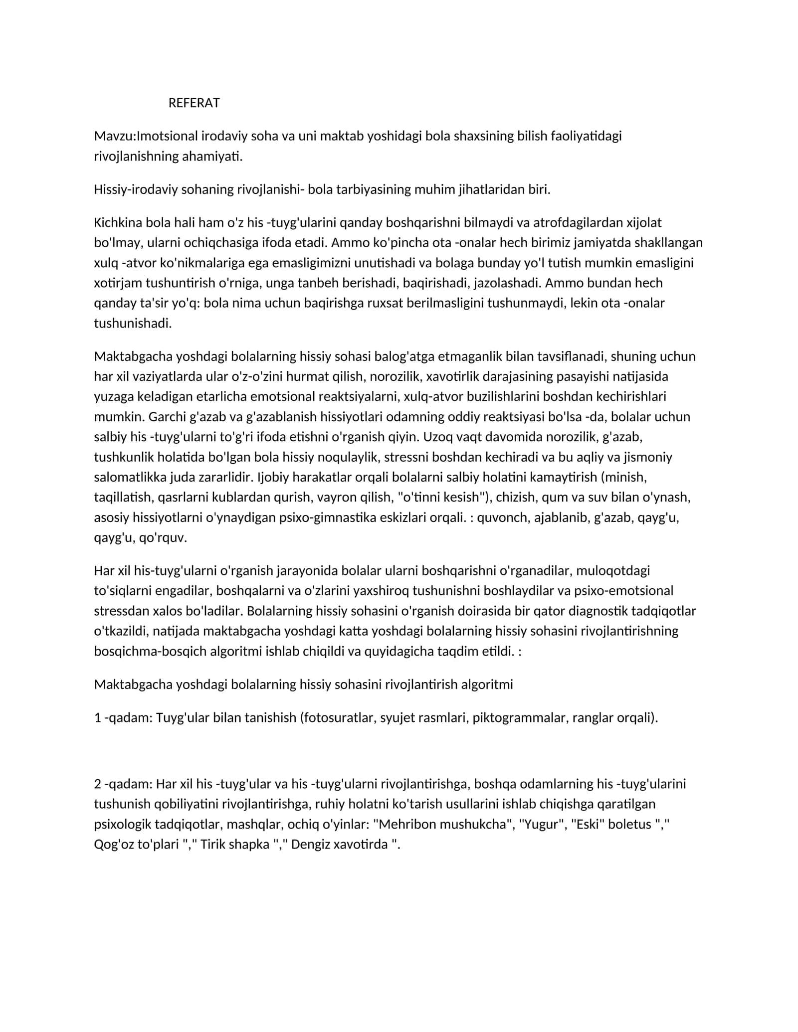 Imotsional irodaviy soha va uni maktab yoshidagi bola shaxsining bilish faoliyatidagi rivojlanishning ahamiyati
