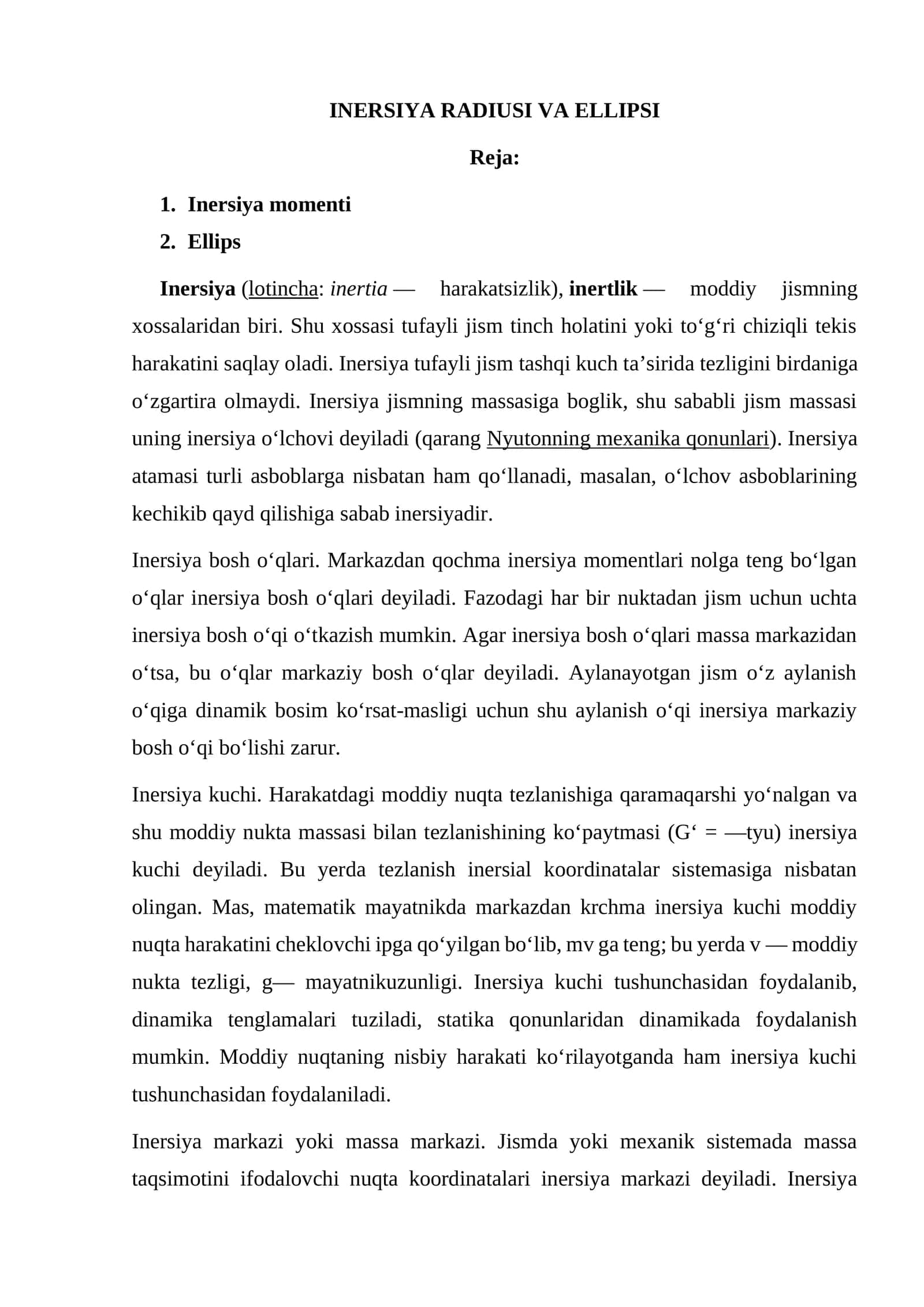 INERSIYA RADIUSI VA ELLIPSI