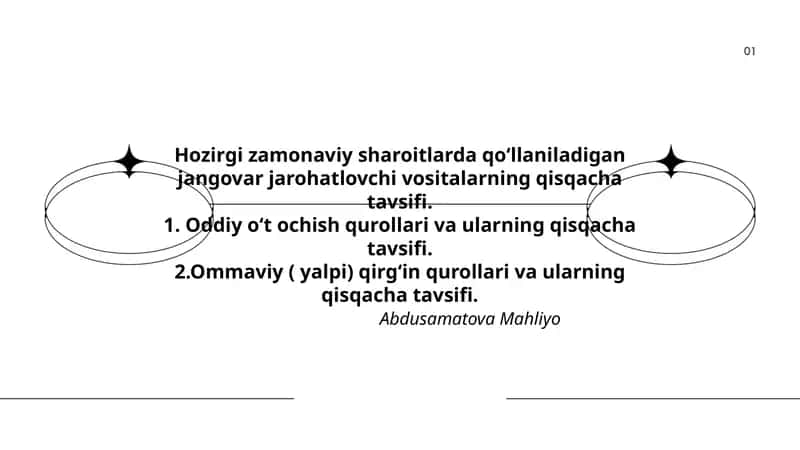 Hozirgi zamonaviy sharoitlarda qoʻllaniladigan jangovar jarohatlovchi vositalarning qisqacha tavsifi