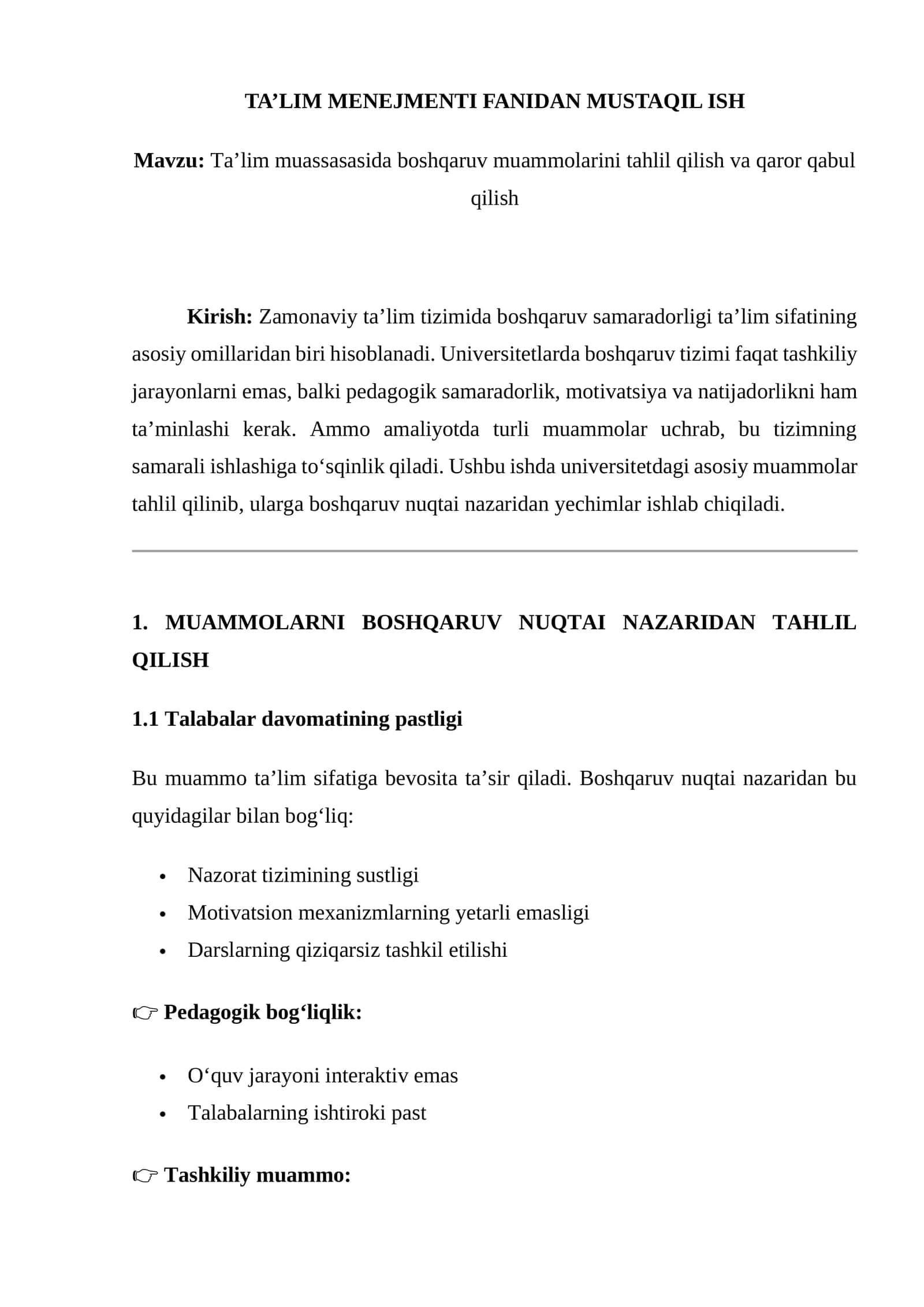 Ta’lim muassasasida boshqaruv muammolarini tahlil qilish va qaror qabul qilish