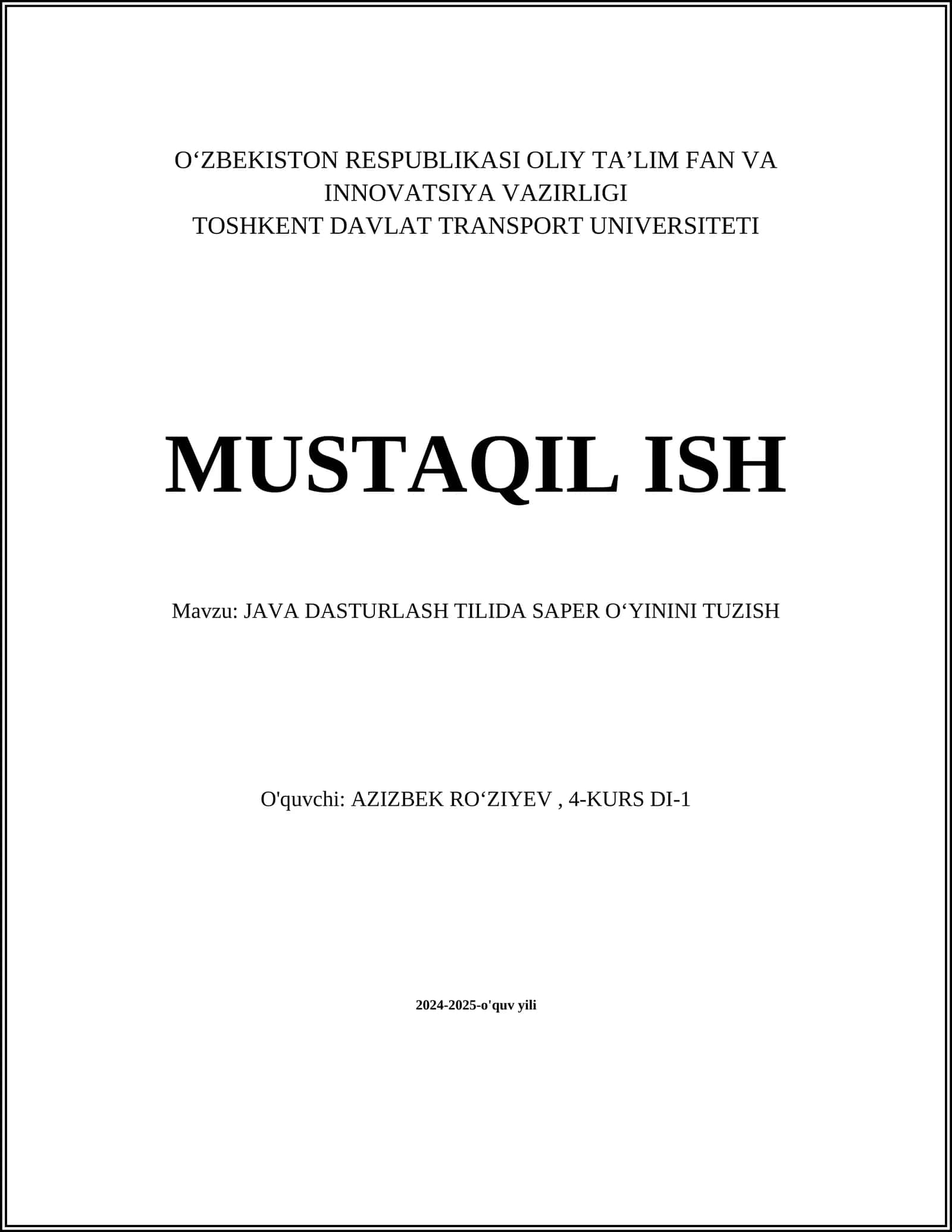 JAVA DASTURLASH TILIDA SAPER OʻYININI TUZISH