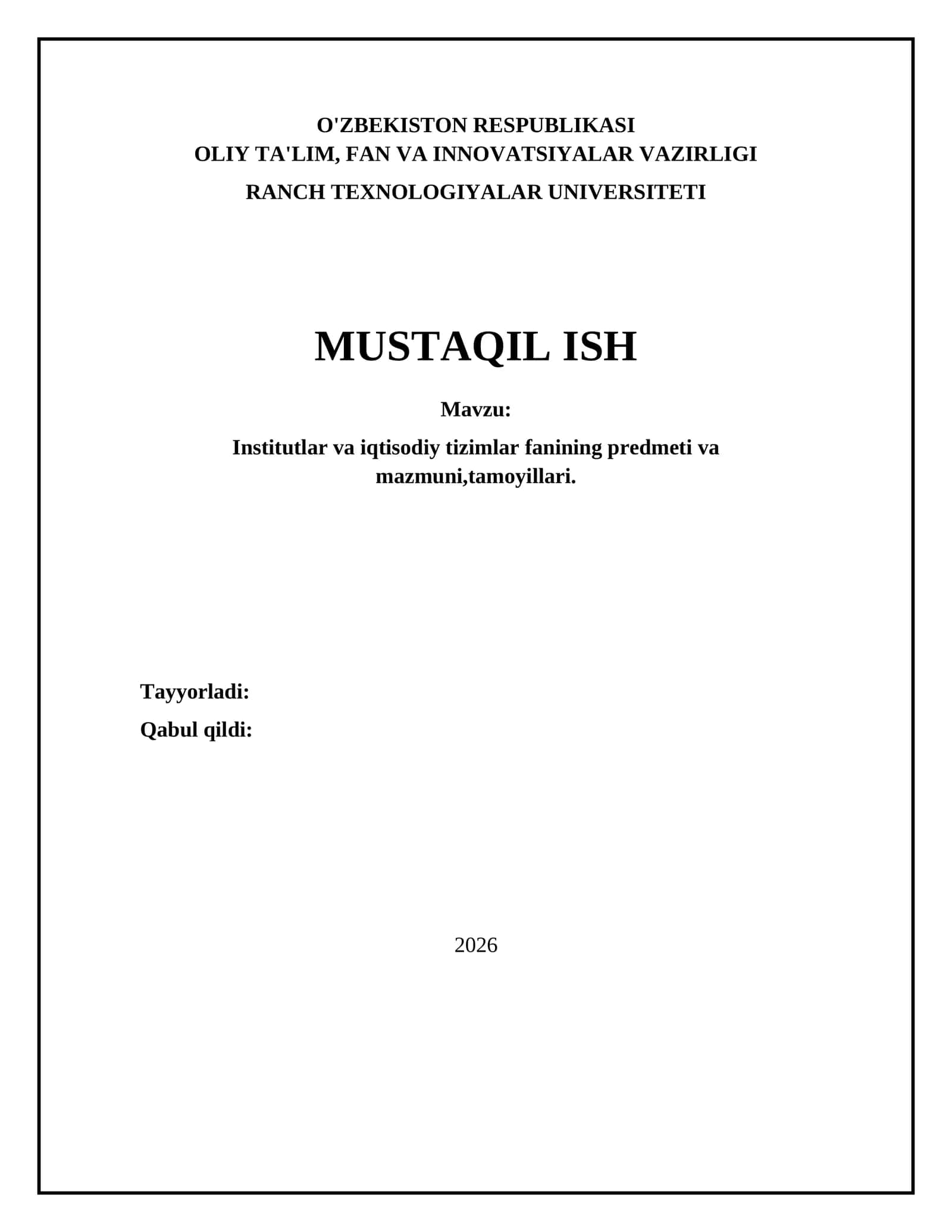 Institutlar va iqtisodiy tizimlar fani