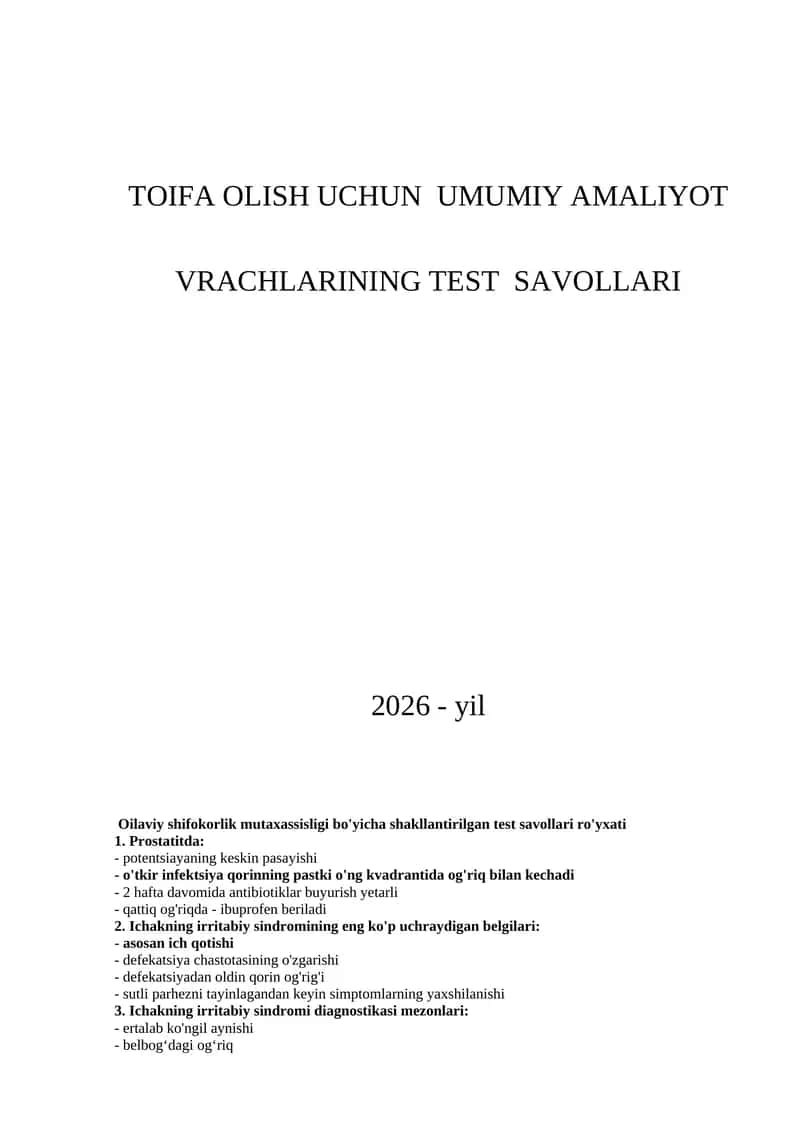 Test savollari bo'yicha amaliyot vrachlarining toifa olish uchun umumiy