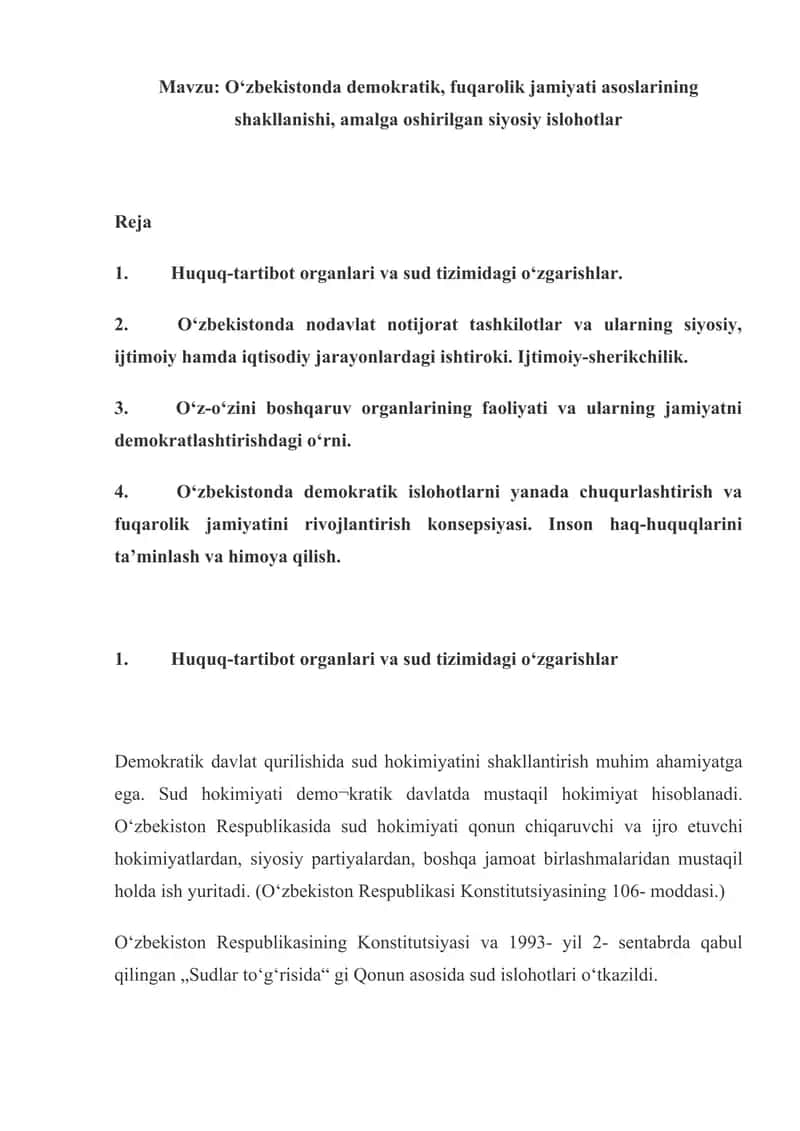 O‘zbekistonda demokratik, fuqarolik jamiyati asoslarining shakllanishi, amalga oshirilgan siyosiy islohotlar