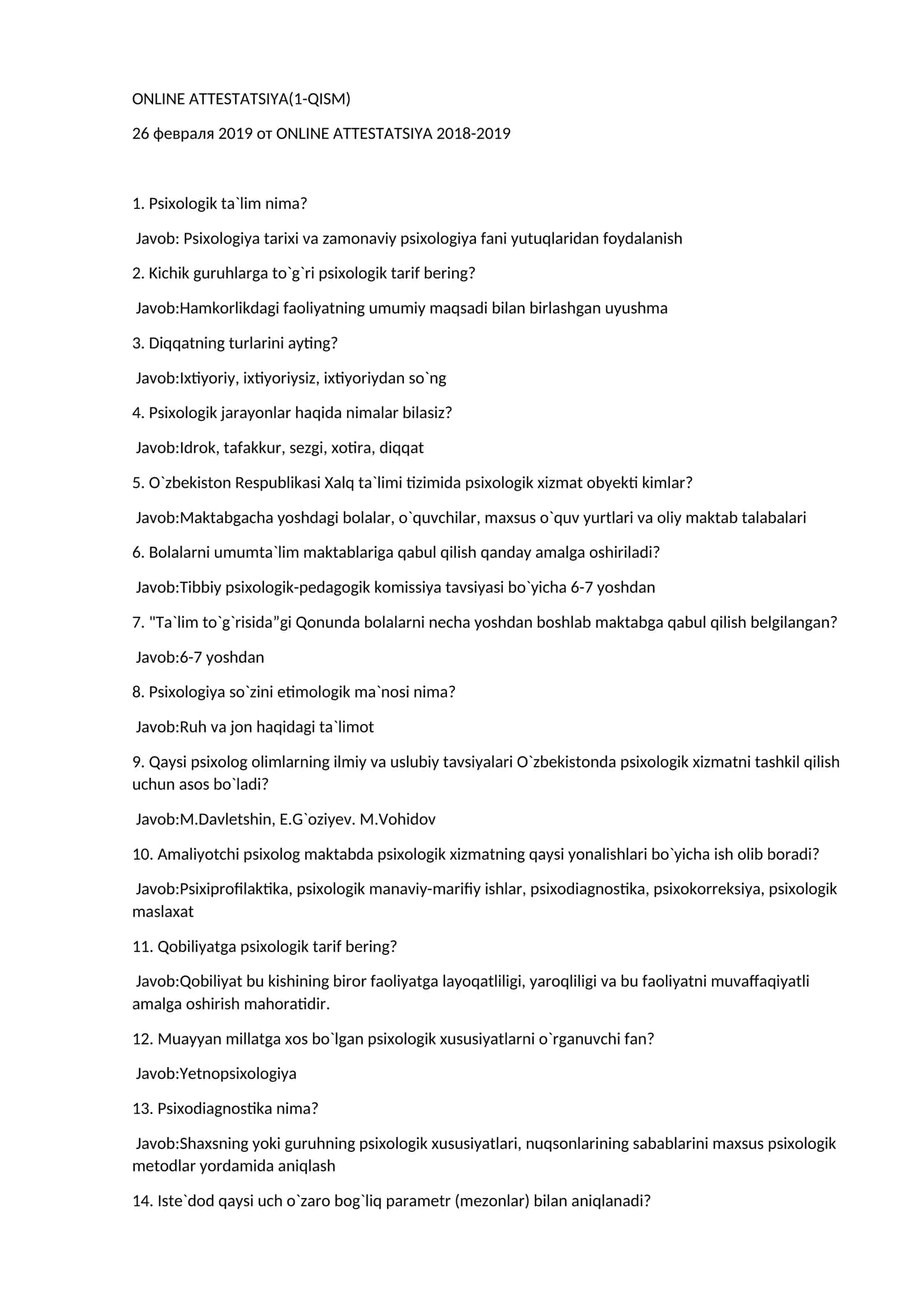 Psixologiya atestatsiya savollari 1 qism