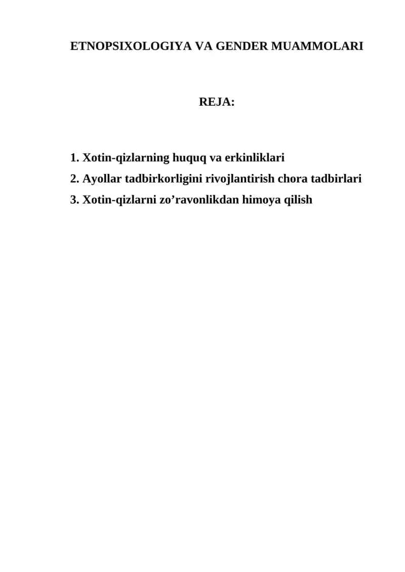 ETNOPSIXOLOGIYA VA GENDER MUAMMOLARI