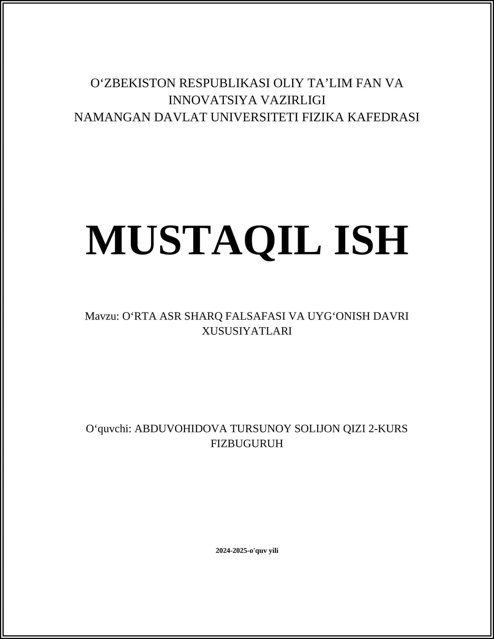 OʻRTA ASR SHARQ FALSAFASI VA UYGʻONISH DAVRI XUSUSIYATLARI