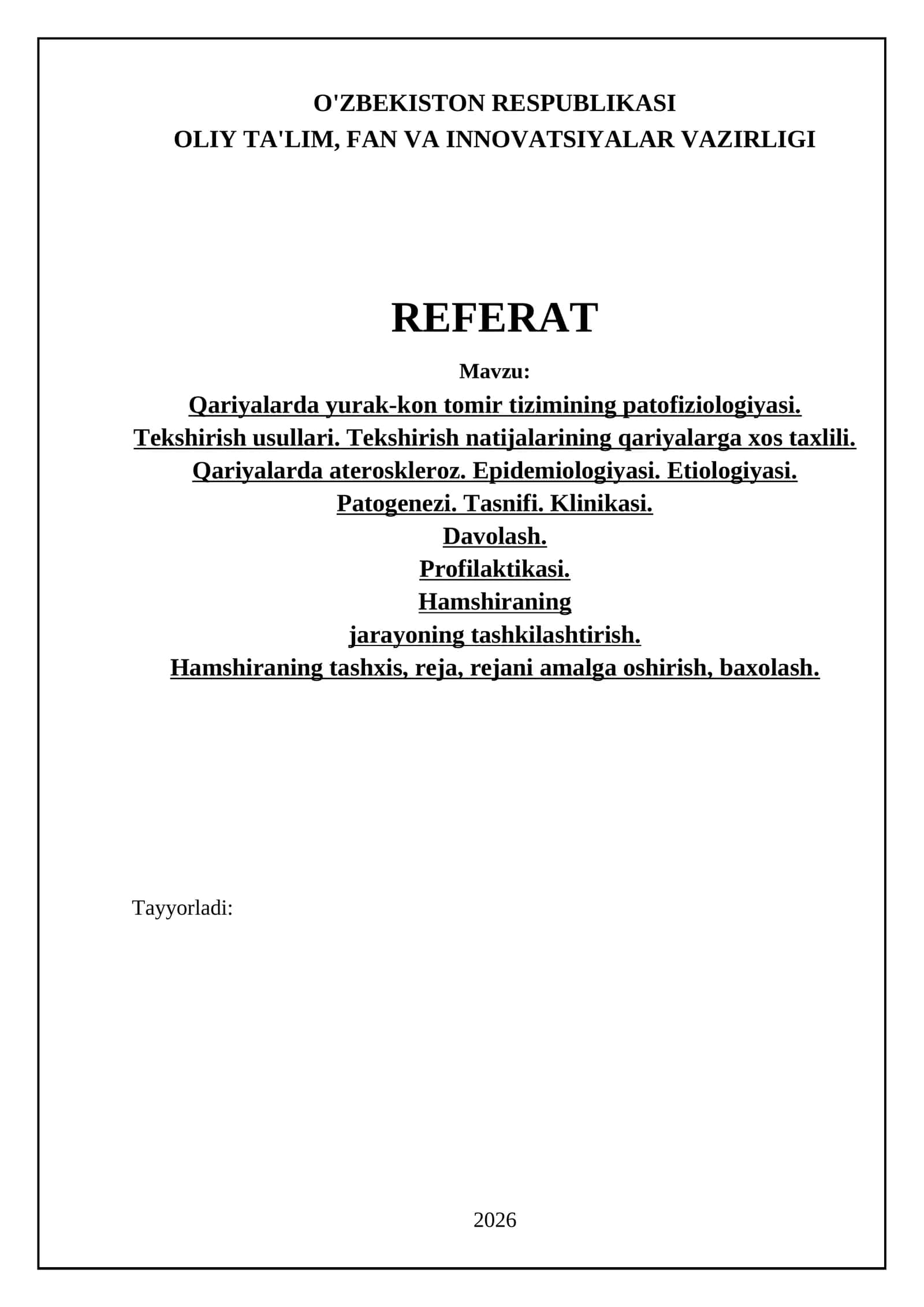 Qariyalarda yurak-kon tomir tizimining patofiziologiyasi. Tekshirish usullari. Tekshirish natijalarining qariyalarga xos taxlili. Qariyalarda ateroskleroz. Epidemiologiyasi. Etiologiyasi. Patogenezi. Tasnifi. Klinikasi. Davolash. Profilaktikasi. Hamshiraning jarayoning tashkilashtirish. Hamshiraning tashxis, reja, rejani amalga oshirish, baxolash