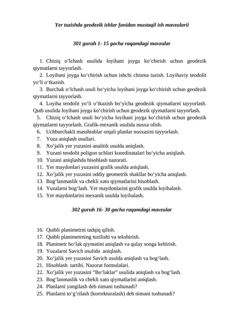 Yer tuzishda geodezik ishlar fanidan mustaqil ish mavzularii