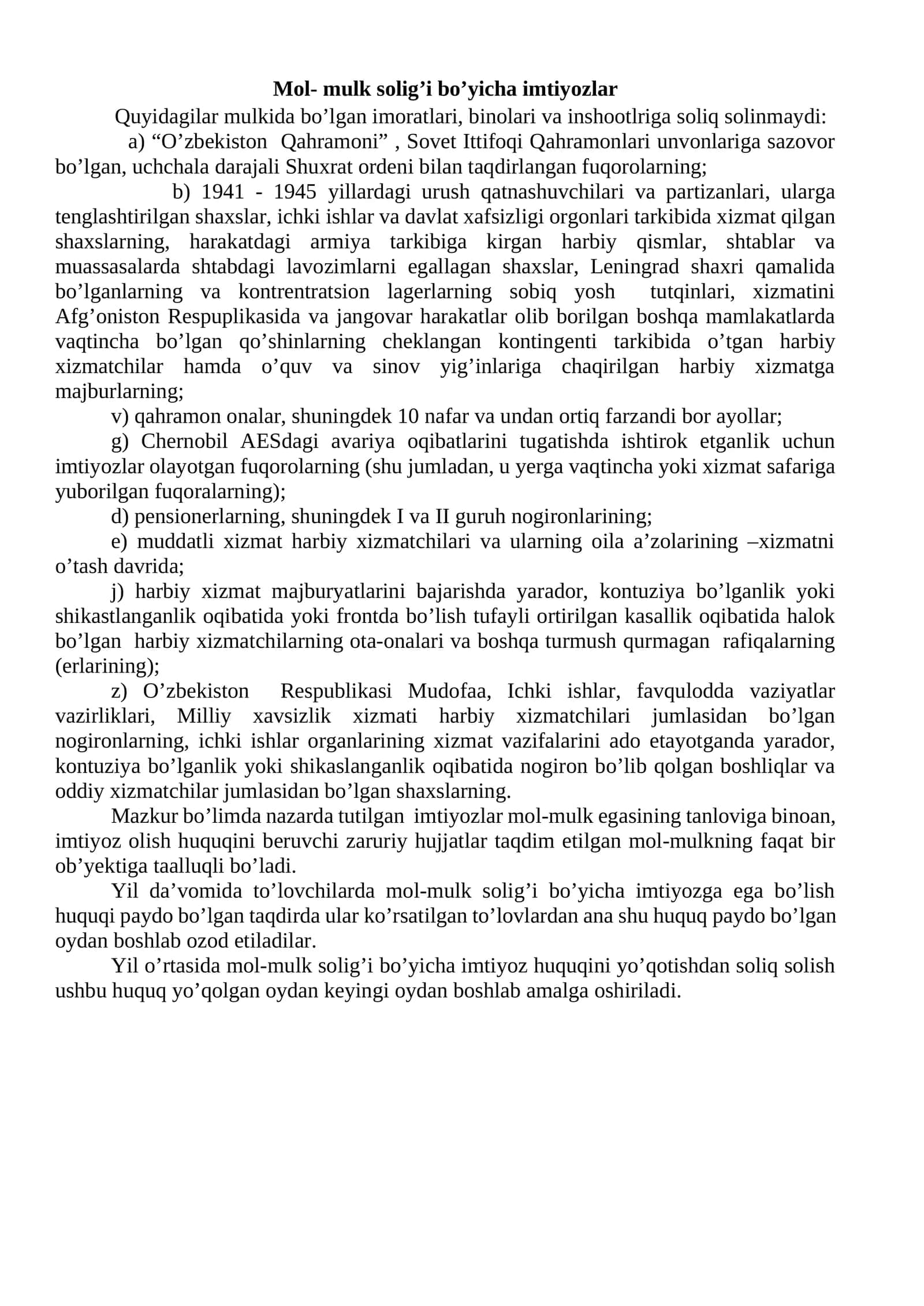 Mol- mulk solig’i bo’yicha imtiyozlar