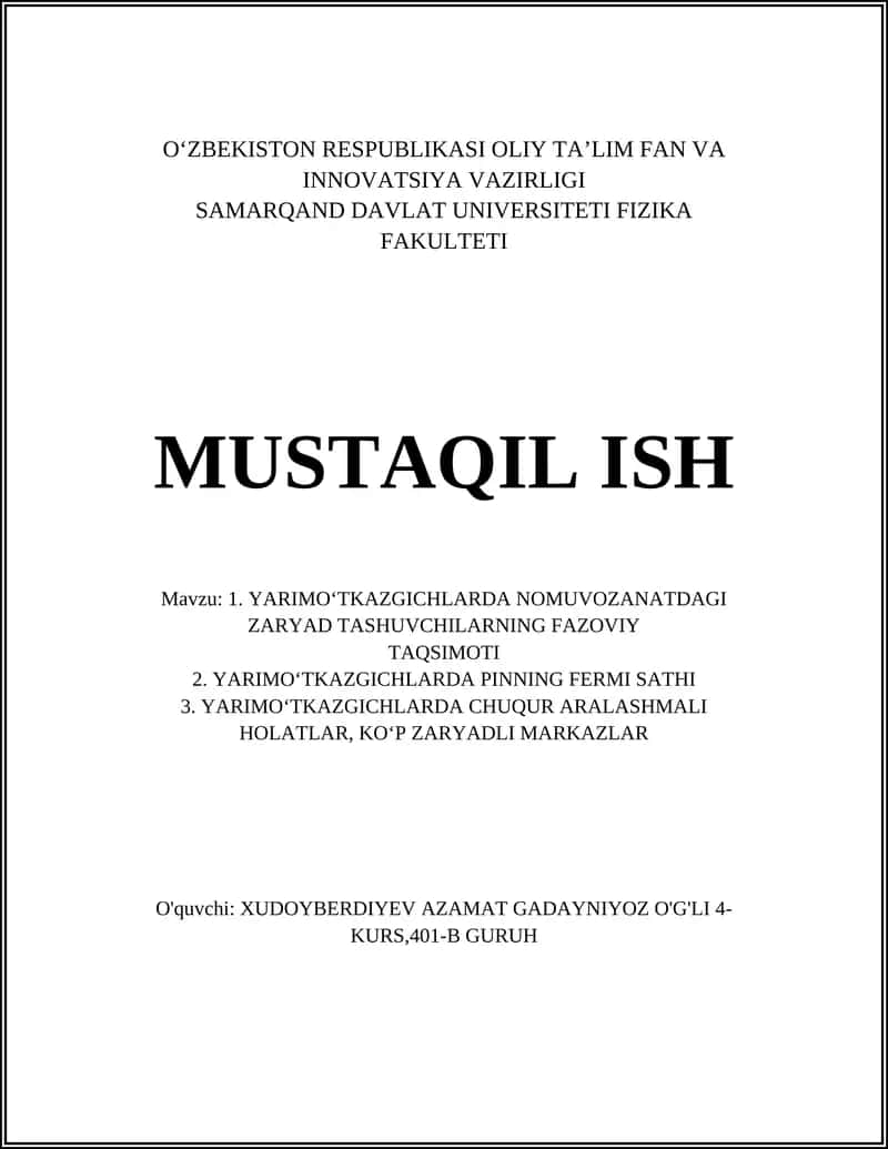 YARIMOʻTKAZGICHLARDA NOMUVOZANATDAGI ZARYAD TASHUVCHILARNING FAZOVIY TAQSIMOTI