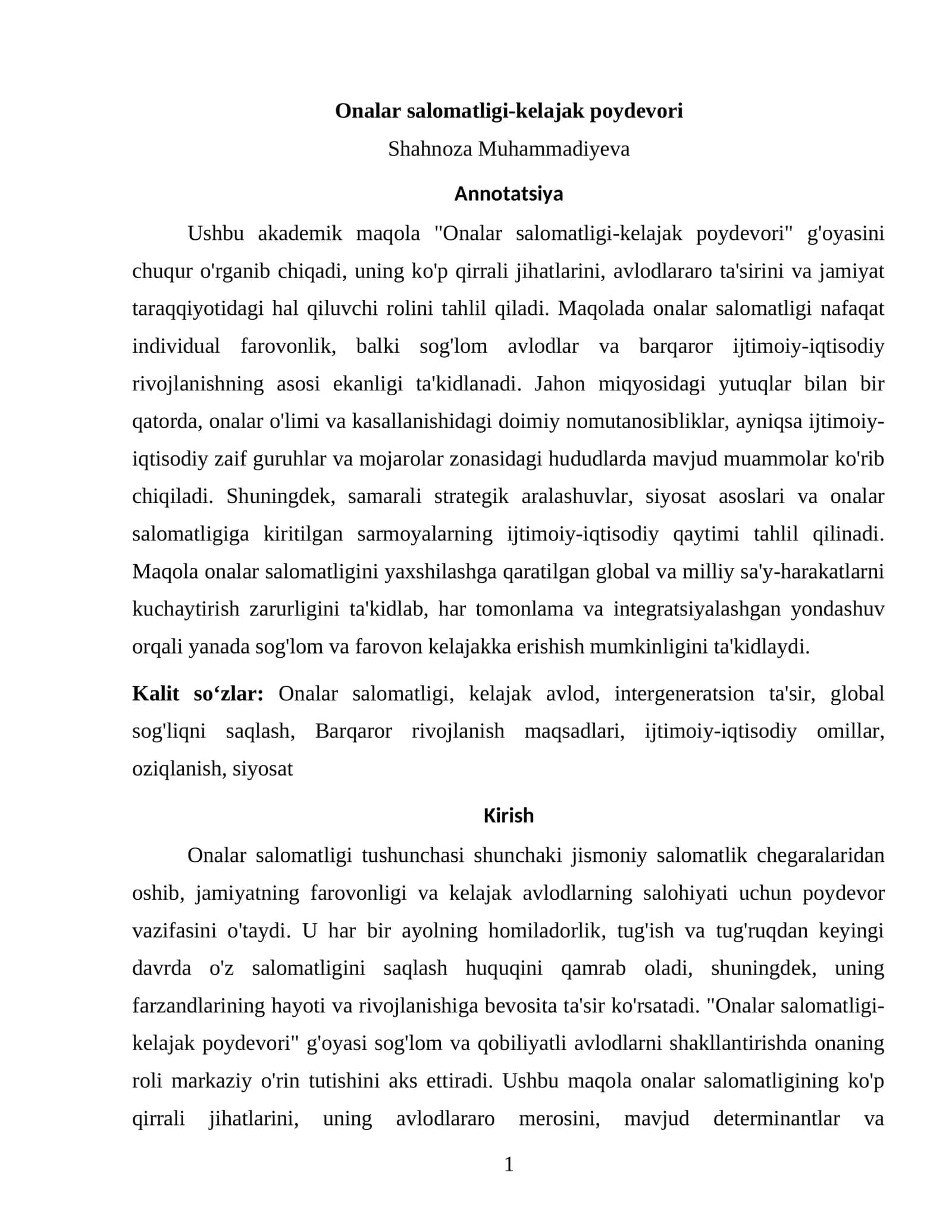 Onalar salomatligi-kelajak poydevori