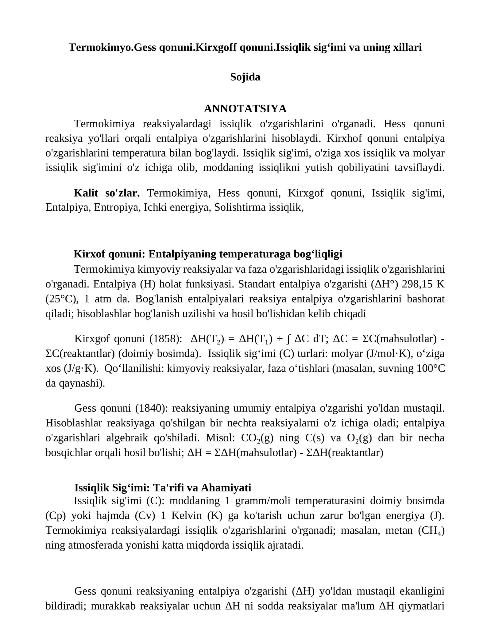 Termokimyo.Gess qonuni.Kirxgoff qonuni.Issiqlik sig‘imi va uning xillari