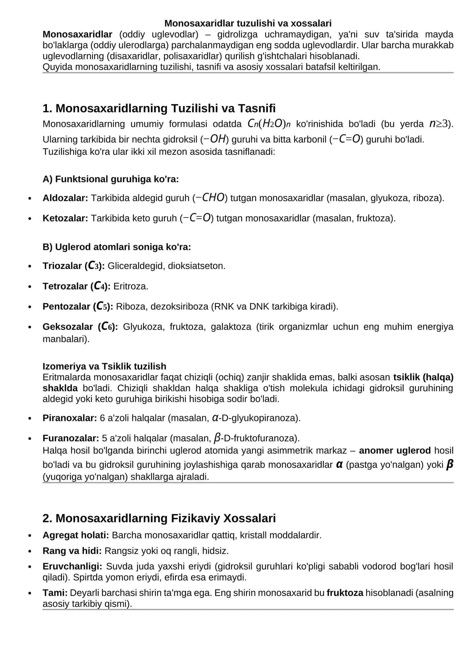 Monosaxaridlar tuzulishi va xossalari